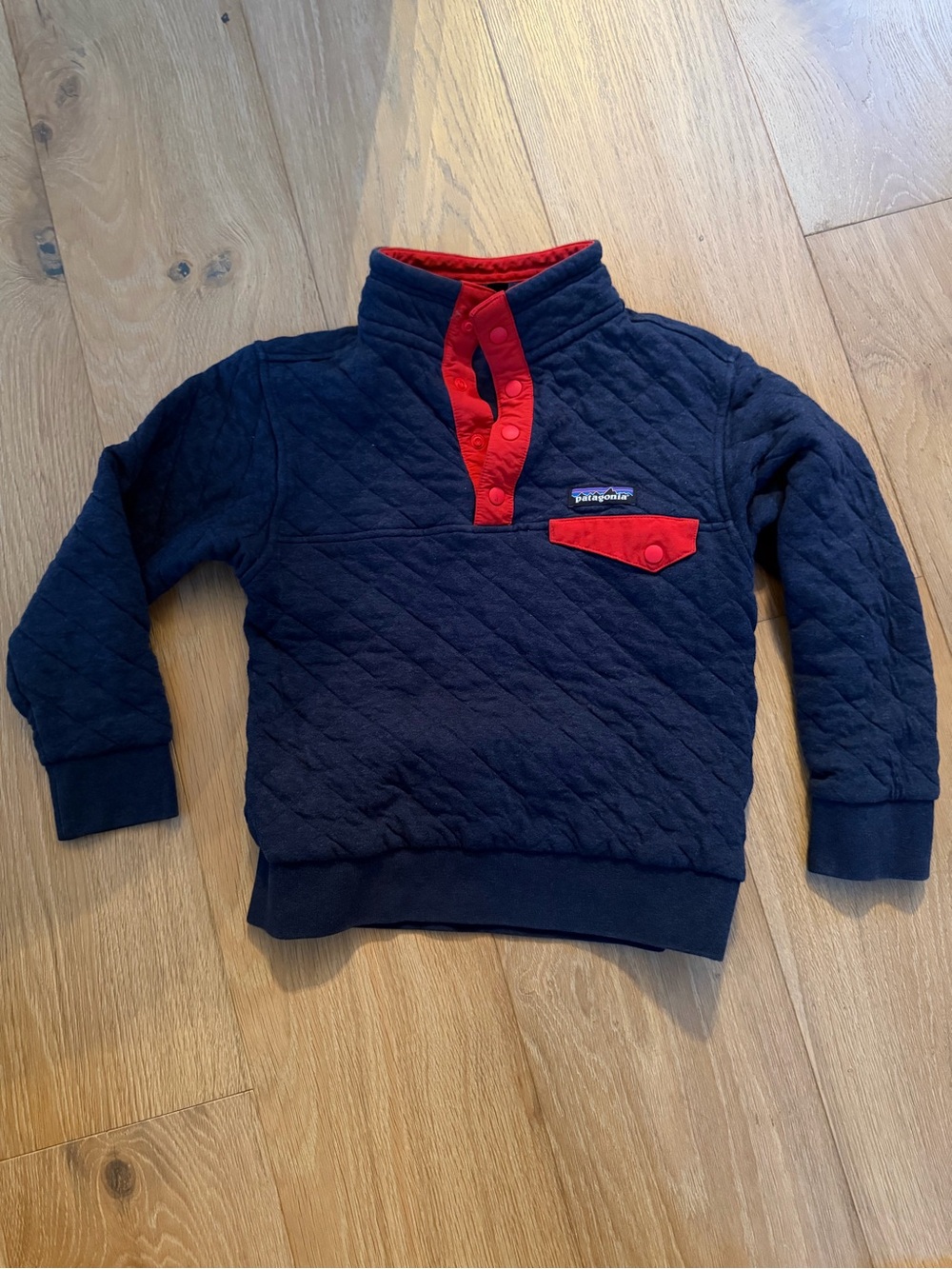 Patagonia Organic Cotton Kids Navy Pullover with Red Snap Placket